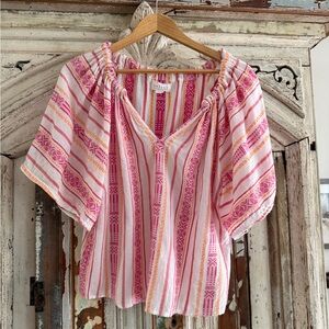 Velvet by Graham Spencer Pink and Orange Striped Peasant Top
